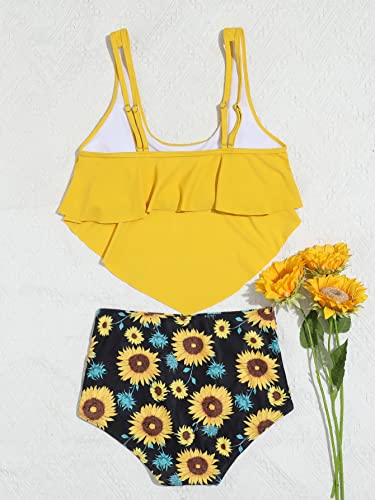 WDIRARA Women's 2 Piece Set Sunflower Print Tankini Scoop Neck High Waist Bikini Swimsuit2