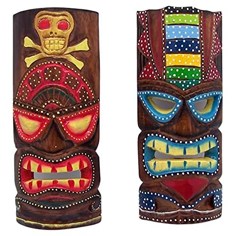 Hand Crafted Polynesian Hawaiian Style Painted Tiki Masks, Wall Décor, Set of 2 Assorted Colors,12 Inches Cover