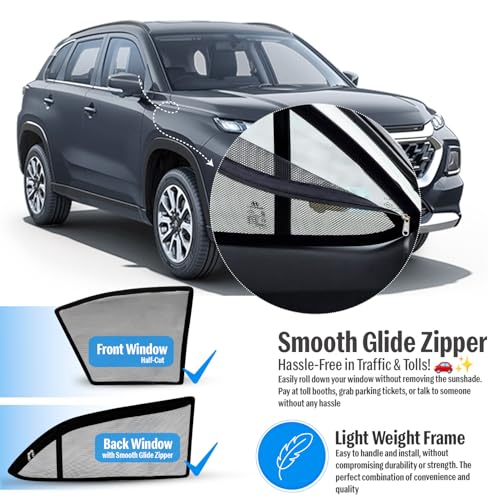 Image of Autofact Magnetic Car Sunshades Compatible with Maruti Grand Vitara (Set of 4) - Easy Installation, UV Protection, Keeps Car Cool (Front 2 Half-Cut for Side Mirror Visibility, Rear 2 with Zippers)