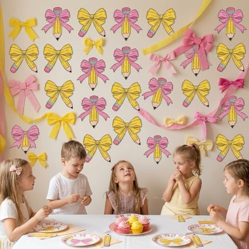 Image of Back to School Cutouts - 100Pcs Pencil Bow Glitter Paper Cut-Out with Glue Points Bulk Bow Cut-Outs for First Day of School Bulletin Board Classroom Party DIY Craft Supplies Chalkboard Door Wall Decor