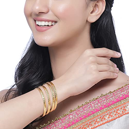Image of ZENEME Set Of 4 Gold-Plated Textured Handcarfted Classic Bangles For Girls and Women