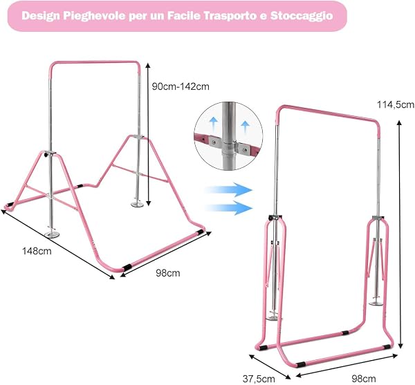 COSTWAY Sbarra Ginnastica Artistica Pieghevole con Struttura Triangolare e 4 Cuscinetti Antiscivolo, Altezza Regolabile in 4 Posizioni da 90 a 142 cm, Barra per Ginnastica per Bambini - 2