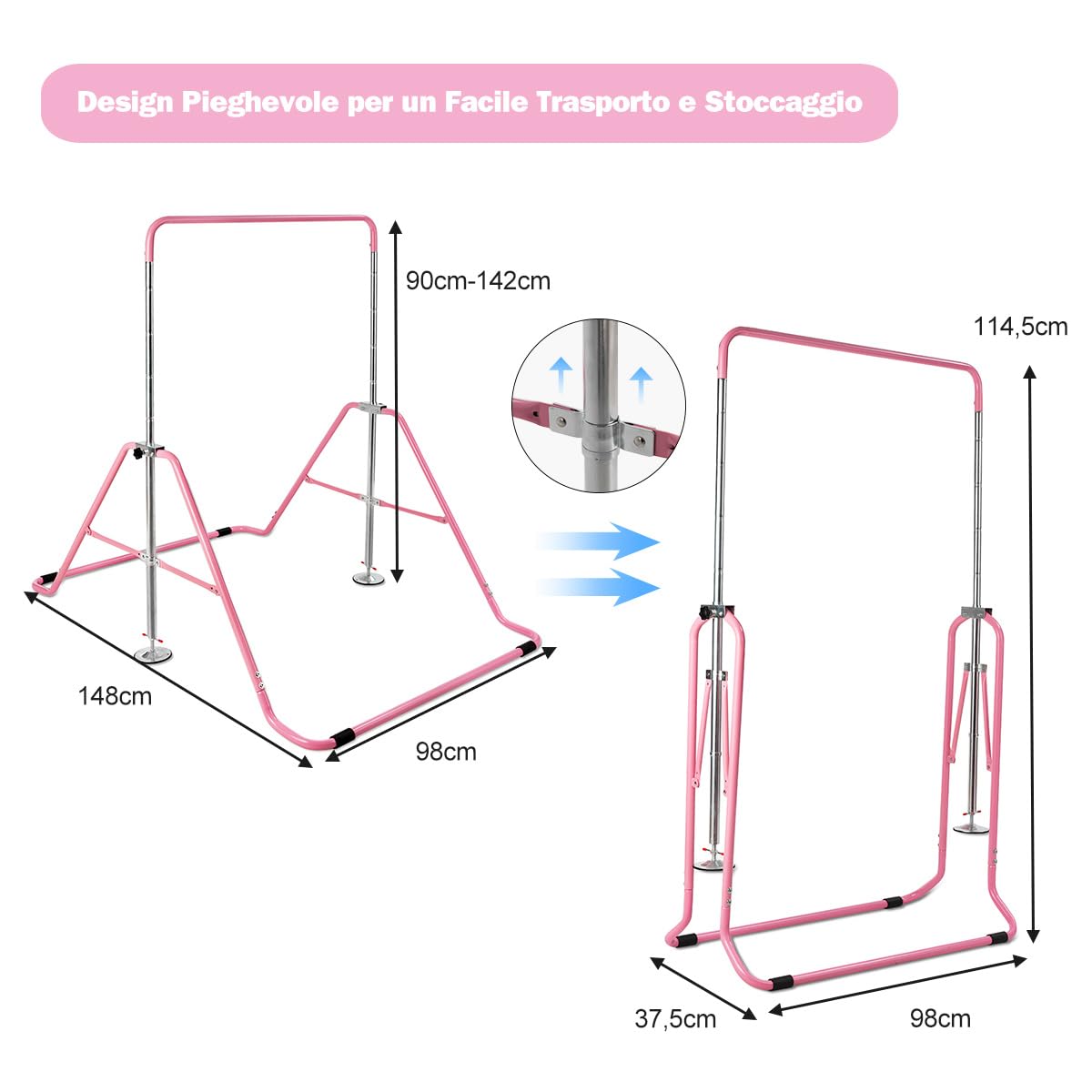 COSTWAY Sbarra Ginnastica Artistica Pieghevole, Altezza Regolabile 90-142 cm, Barra per Ginnastica per Bambini