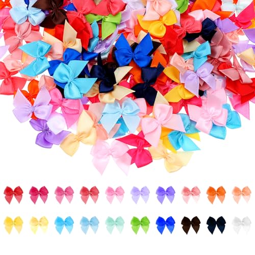 QFGasre Lot de 200 mini nœuds de satin colorés pour bricolage, décoration, ruban de satin, fermeture à vis pour bricolage, accessoires de cheveux, boîte cadeau de mariage