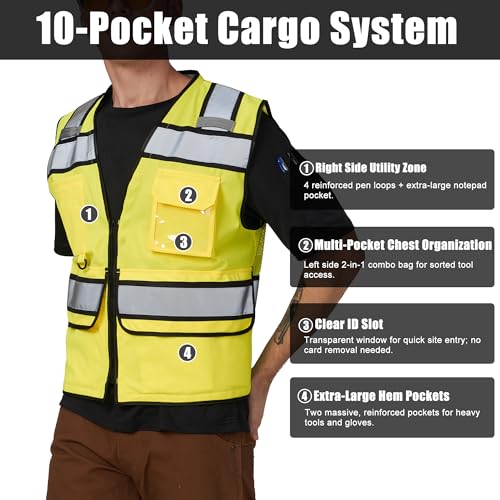 Image of A-SAFETY High Vis Reflective Safety Vest for Men Women Zipper Ipad Pockets Mesh Construction Apparel Neon Vest for Work
