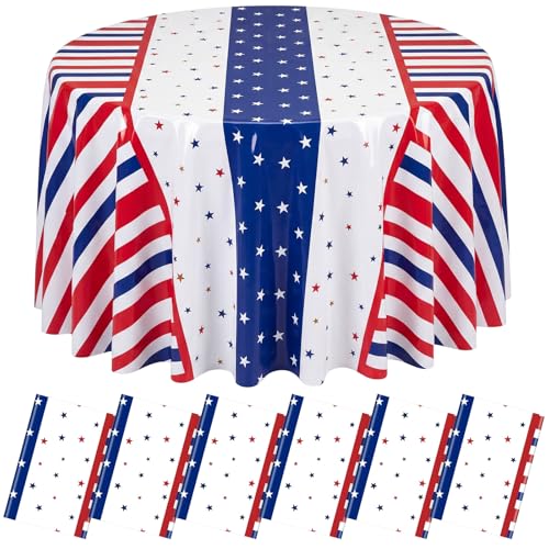Image of Hahafelt 6 Pcs 4th of July Plastic Tablecloth 84 Inch Red White Blue Patriotic 250th Anniversary Round Disposable Table Cover American Flag Star Circular Tablecloth for Independence Day Decoration