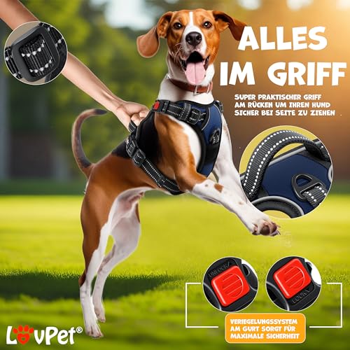 LOVPET® Hundegeschirr ohne Zug & Würgen für kleine Hunde & Welpen atmungsaktiv & weich Brustgeschirr reflektierend | No-Pull-Geschirr inkl.Beutelrollen | Verstellbares Geschirr mit Griff Navyblau - M