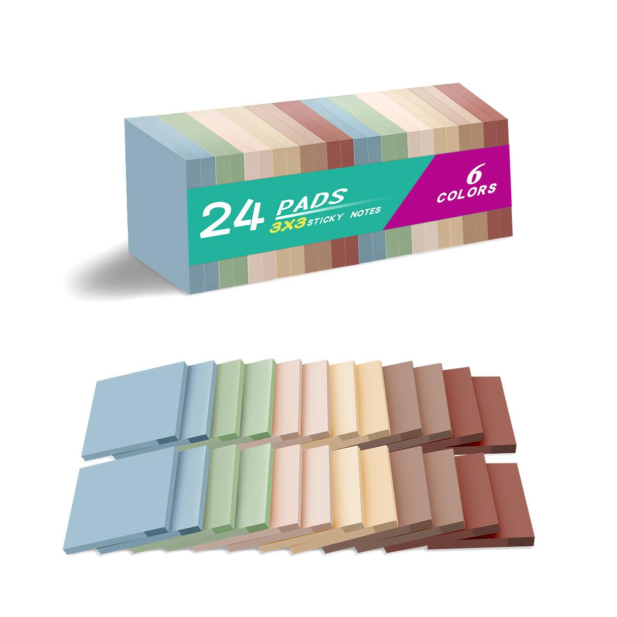 (24 Pads) Sticky Notes 3x3 inch, Self-Stick Pads Vintage Colors Sticky Note, Recyclable, Easy to Post for Home, Office, Notebook