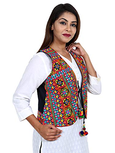 Image of Craft Trade Women's Cotton Embroidered Kutchi Jacket with Tassels Sleeveless Mirror Work