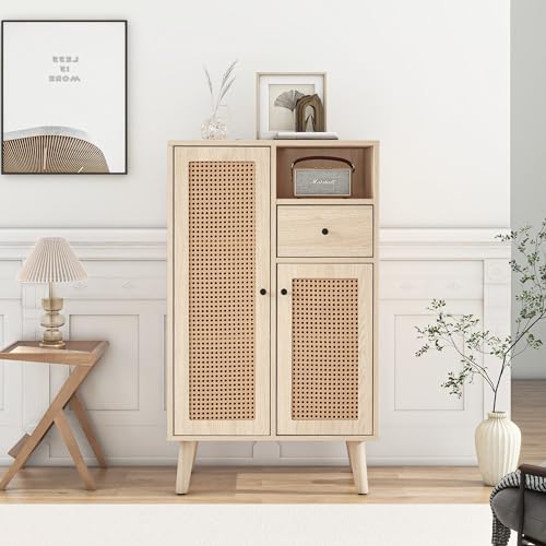 BNUZ Aparador en imitación de madera, 2 puertas de ratán, 1 cajón, armario de esquina, cómoda, armario de pie, aparador con gran espacio de almacenamiento, 60 x 40 x 101 cm