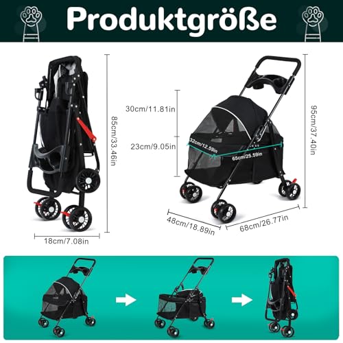 2-in-1 Hundebuggy bis 15 kg – Hundewagen & Katzenwagen klappbar mit Feststellbremse, Getränkehalter & Stauraum, Faltbarer Hunde Buggy für Reisen & Spaziergänge, 49.5×69.5×98 cm