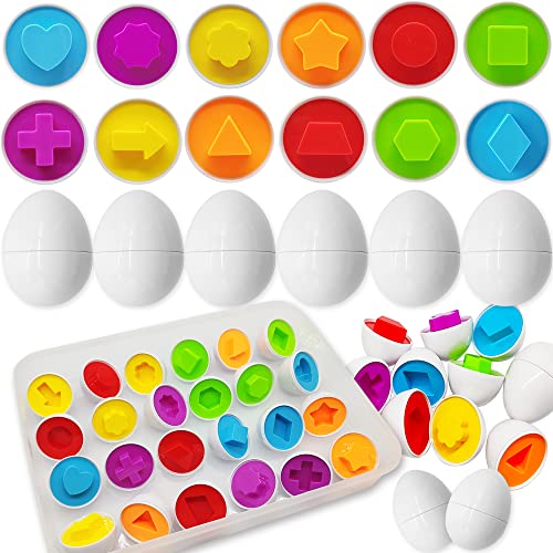 24 Girds Matching Easter Eggs Toy,Egg Sorting Stacking Toys with Holder for Kids Education,Toddlers Preschool Game,Gifts(6 Colors,6 Shapes)