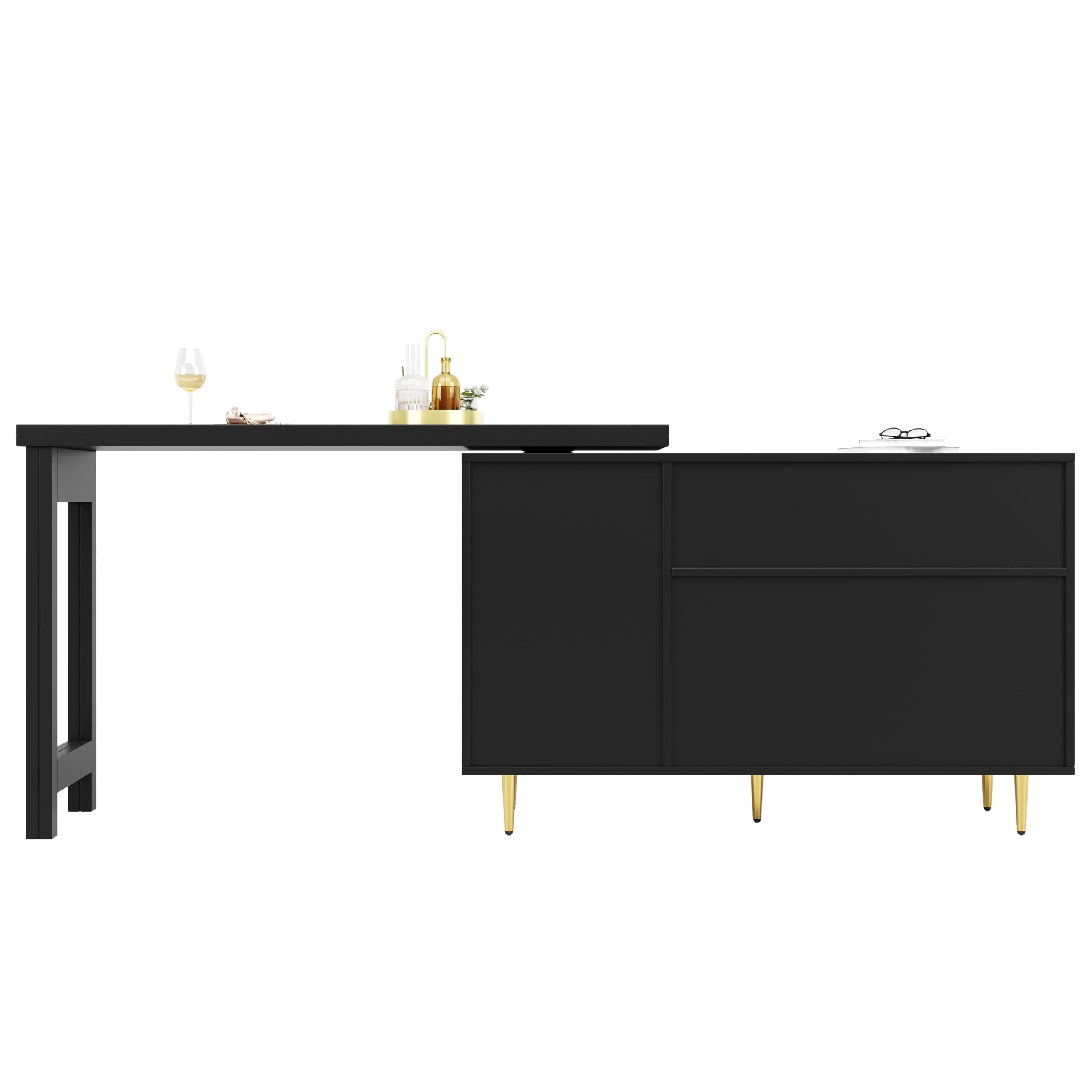 Moimhear Barra giratoria de 360° (cuerpo principal: 107 x 40 x 71,4 cm), barra de diseño retráctil, armario de almacenamiento con puerta de ratán + estante de almacenamiento abierto, adecuado para