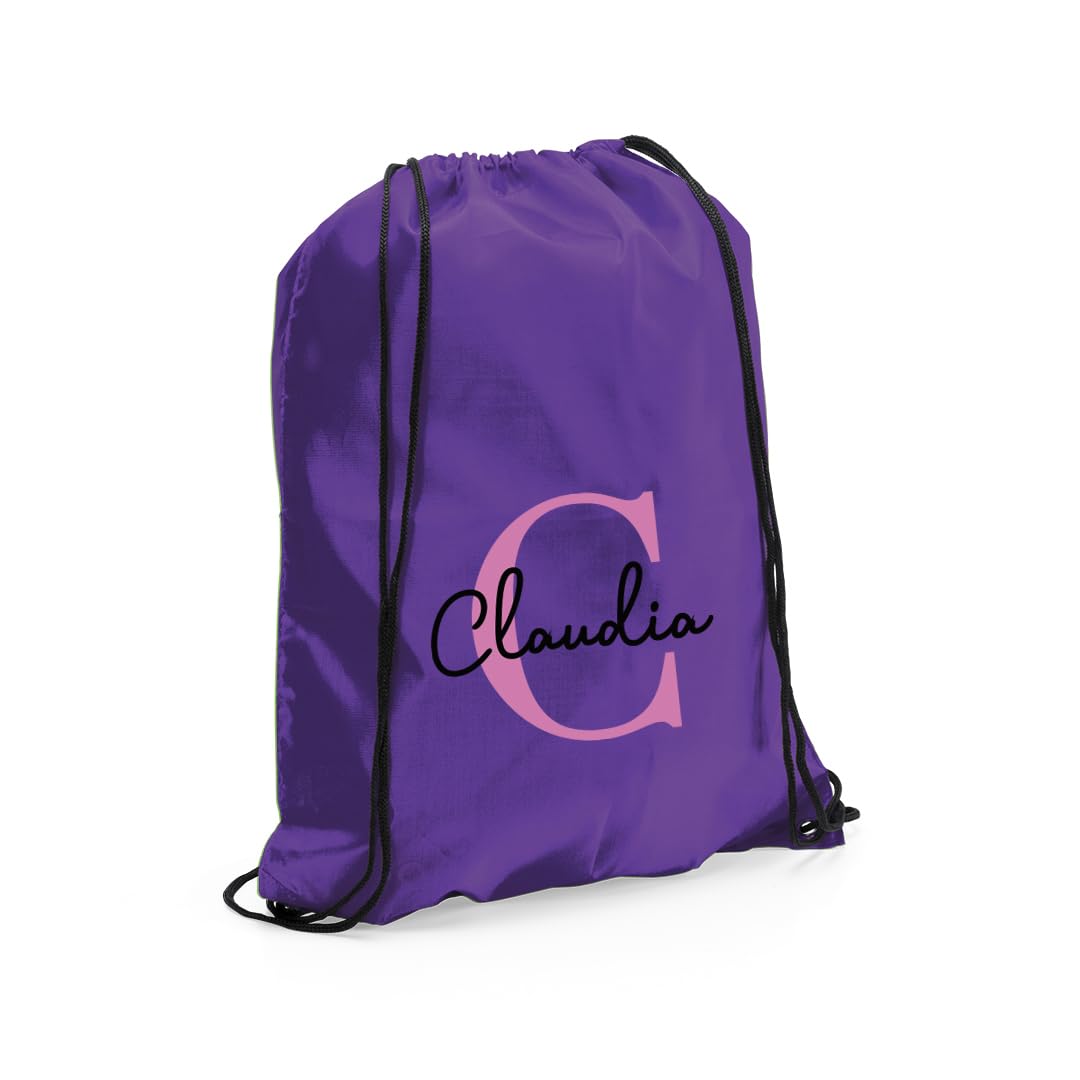 eBuyGB Personalised Drawstring Bag with Initial & Name, Monogrammed Kids Backpack, Gym Rucksack, School Sport Bag, Children's PE Kit (Purple)