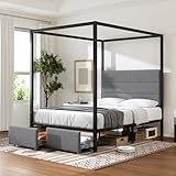 AMERLIFE Full Size Canopy Bed Frame with 2 Drawers & 4 Posts, Upholstered Boucle Tufted Headboard Poster Bed, Metal Platform Bed, No Box Spring Needed, Grey