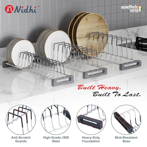 Image of Set of 3 Heavy-Duty Stainless Steel Plate & Thali Stand for Modular Kitchen Countertop Storage | Fit 20-Inch Tandem Drawers | Rust-Proof Mirror Shine Finish (1 Thali + 1 Plate + 1 Saucer Stand)
