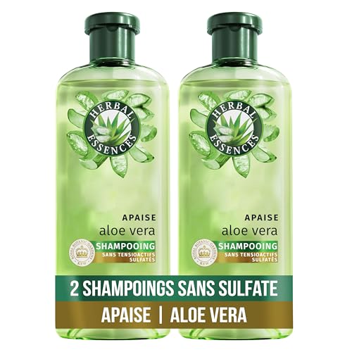 HERBAL ESSENCES - Sans Sulfate - Shampoing Hydratant 2x250ml Aloe Vera - Apaise, Hydrate, Nettoie et Nourrit Les Cheveux Très Secs - Parfum Jasmin, Sans Silicone ni Sulfate - Végan