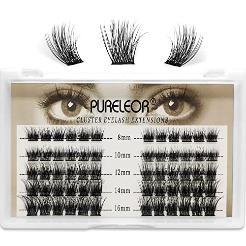 PURELEOR Individuelle Wimpern-Cluster-Wimpern-Packung für Manga-Wimpern, DIY-Wimpernverlängerung, wiederverwendbar, 3D-einzelne Wimpern, natürlich, lang, 60 Stück (8-16 mm gemischt) Cover