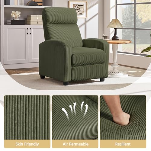 Yaheetech Corduroy Recliner Chair Single Sofa Home Theater Seating Adjustable Modern Reclining Chair for Living Room Bedroom Home Theater Dark Green