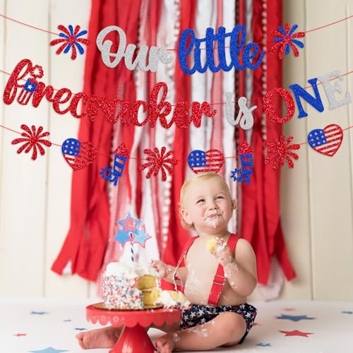 Image of Our Little Firecracker is One Banner 4th of July 1st Birthday Party Decorations for Kids Boy Girl Independence Day First Bday Party Supplies