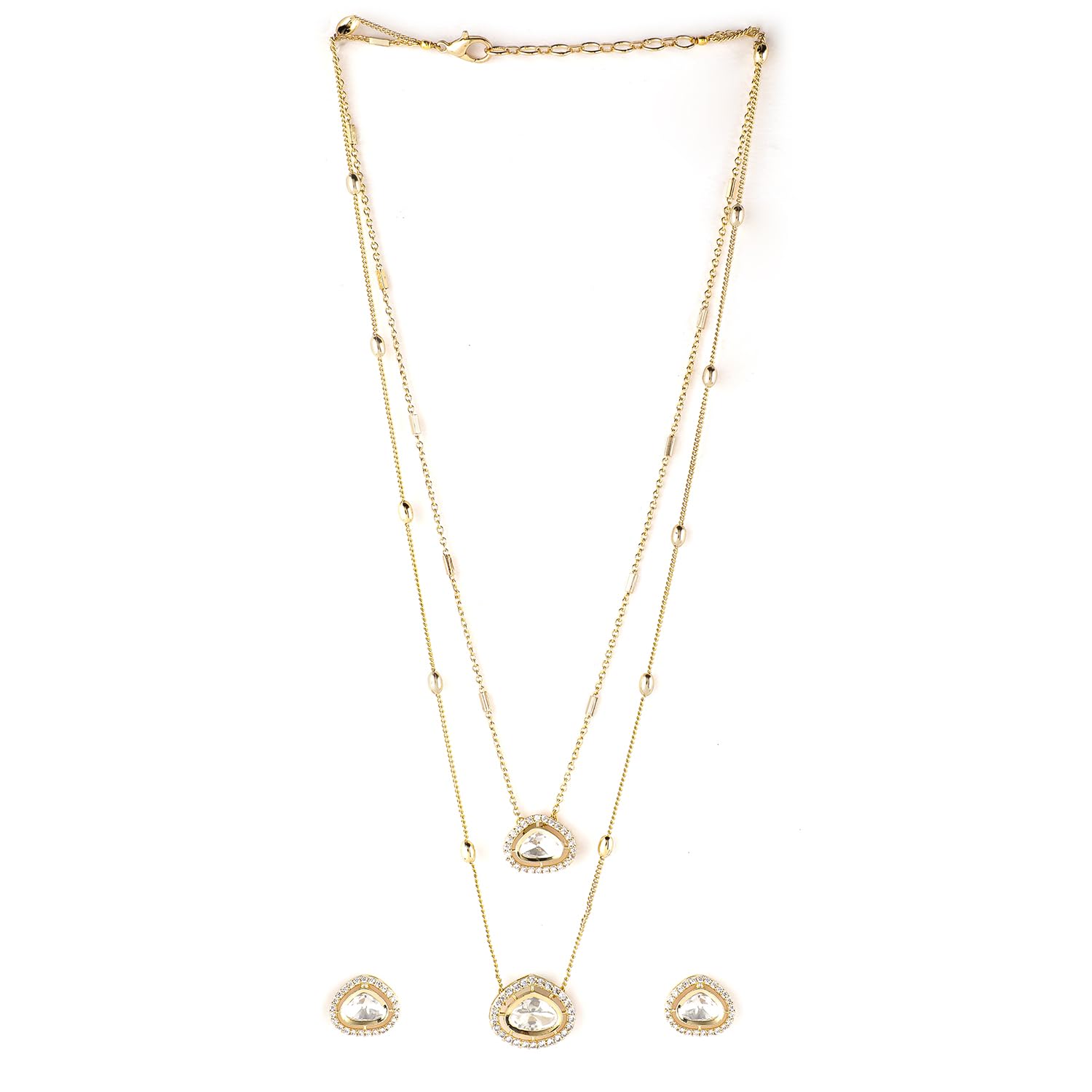 Premium 22K Gold Plated Polki and CZ Studded Double Layered Luxury Necklace Set with Earrings-image-17