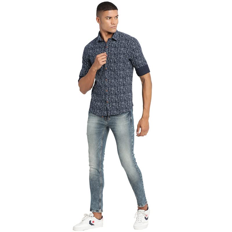Image of Turtle Men Navy Blue Khadi Printed Slim Fit Casual Shirts