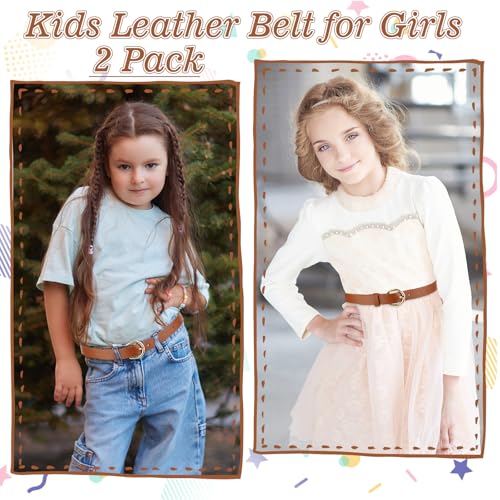 2pcs Girls Leather Belt for Kids,Girls Belts Size 10-12 Women,Jeans with Gold Square Buckle,Black Casual Leather Belt,Girl Brown Elastic Stap with Double O Ring Buckle for Jeans Pants Dresses4