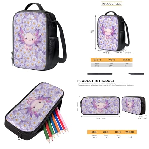 Suobstales Purple Axolotl Daisy Print 5 Pack Kids Backpack with Lunchbox for Toddler Kindergarten School Bag Set with Pencil Case Water Bottle Sleeve Keychain Middle-School Elementary Bookbags4