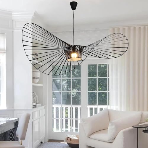 Image of Modern Black Woven Chandelier, 70.86 inch Farmhouse Coastal Hat Pendant Light Fixtures Matte Black Handwoven Shade Boho Pendant Hanging Lamp for Kitchen Dining Room Bedroom Foyer Hallway