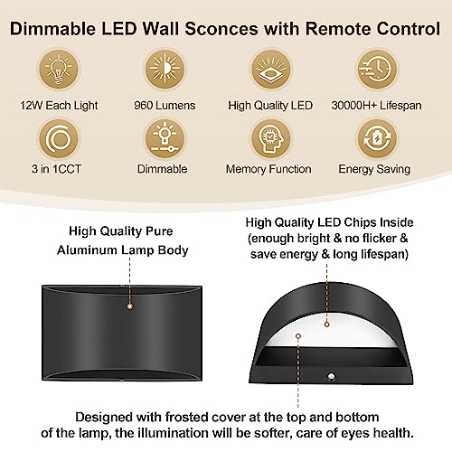 TRLIFE Modern LED Wall Sconces, Remote Control Dimmable and Adjustable Color Temperature 3000K~6000K Aluminum 12W Hardwired Dimmable Wall Mounted Light for Bedroom Living Room Stairway(Black, 2 Pack)