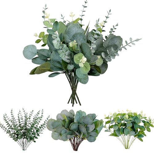 AUMVEYI 60Pcs 3 Kinds Mixed Artificial Eucalyptus Leaves Stems Bulk Fake Silver Dollar Eucalyptus Greenery Decoration Faux Eucalyptus Plant Branches for Wedding Floral Centerpiece Flower Arrangement