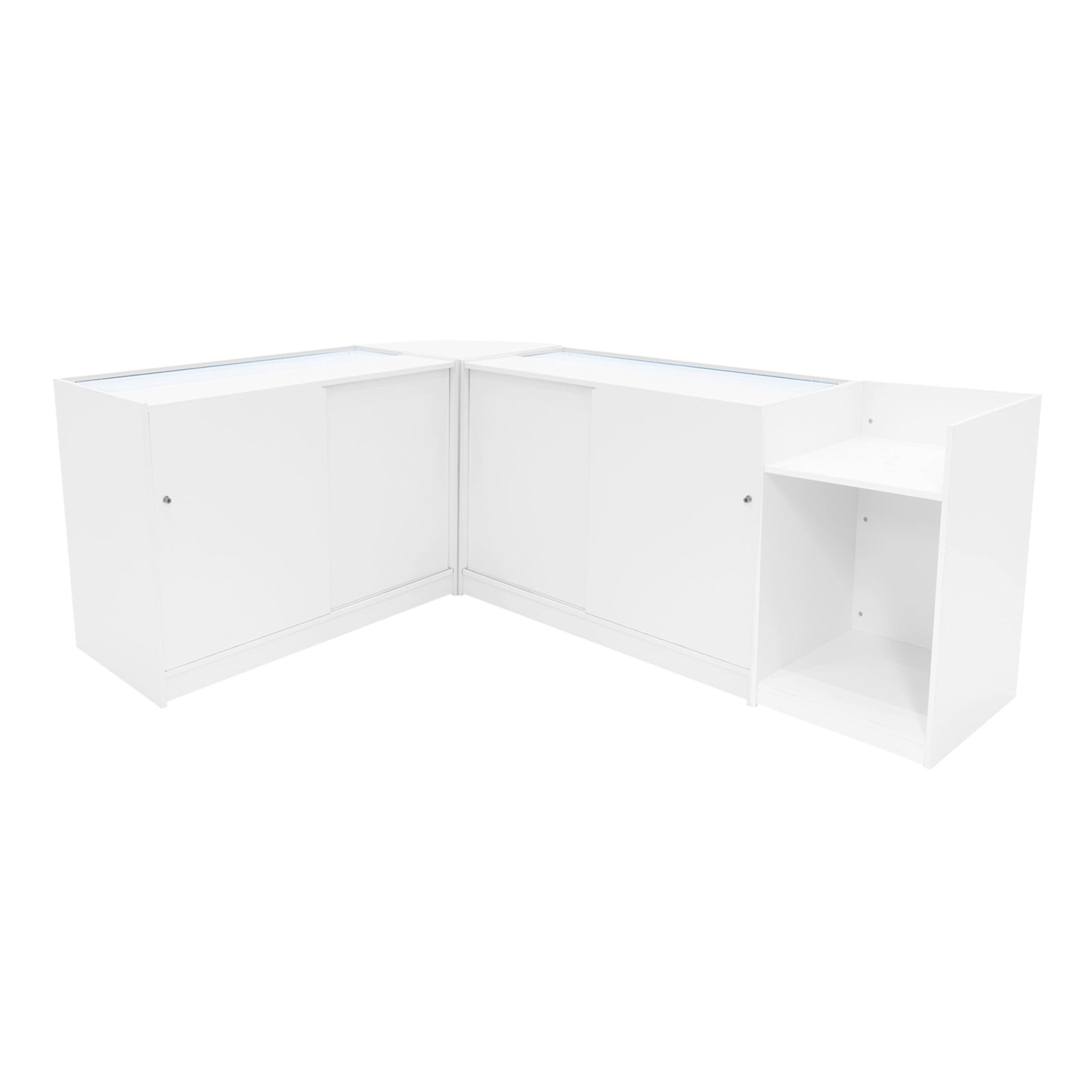 Comptoirs de Vente en MDF Blanc à LED Blancs Ensemble Hyperion LM60 TB60 B1200 K1200 3 Unités de Rangement Étagères Internes Portes Coulissantes Verouillables Réception Bureau Vêtements [Clés INCLUS]