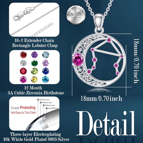 Zodiac Constellation Necklace with Birthstone,925 Sterling Silver Horoscope Astrology Celestial Pendant Necklaces Jewelry for Women Her Wife Gifts for Birthday Christmas4