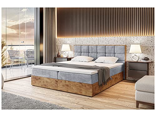 MEBLINI Boxspringbett mit Bettkasten - Gepolstert Doppelbett mit Matratze und Topper - Polsterbett mit Stauraum - Bett mit Kopfteil - Stauraumbett - Lofty 1-200x220 - H4/Hellgrau Samt