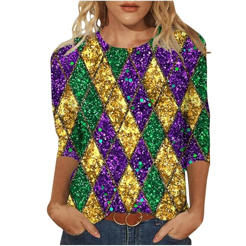 Mardi Gras Shirt, Mardi Gras Outfit for Women Party 3/4 Length Sleeve Tunic Tops Cute Mask Graphic Holiday Loose Fit Basic T-Shirts