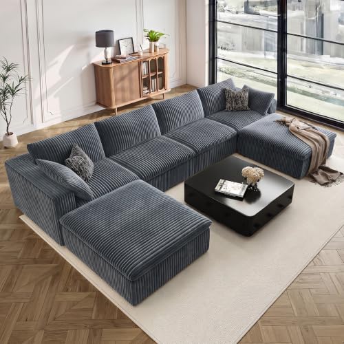 157.6" Oversized Modular Sectional Sofa, Boneless U-Shaped Couch, Dark Grey | 6 Seater Cloud Couch with Ottoman, Double-layered Memory Foam Seat, Soft Corduroy Upholstery, DIY Combination for Living Room