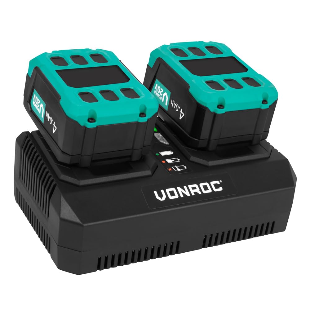 VONROC VPower 20V zestaw startowy - 2 baterie 4,0 Ah + podwójna szybka ładowarka | Kompatybilny z wieloma narzędziami | Idealny do długotrwałych prac | litowo-jonowy o wysokiej wydajności