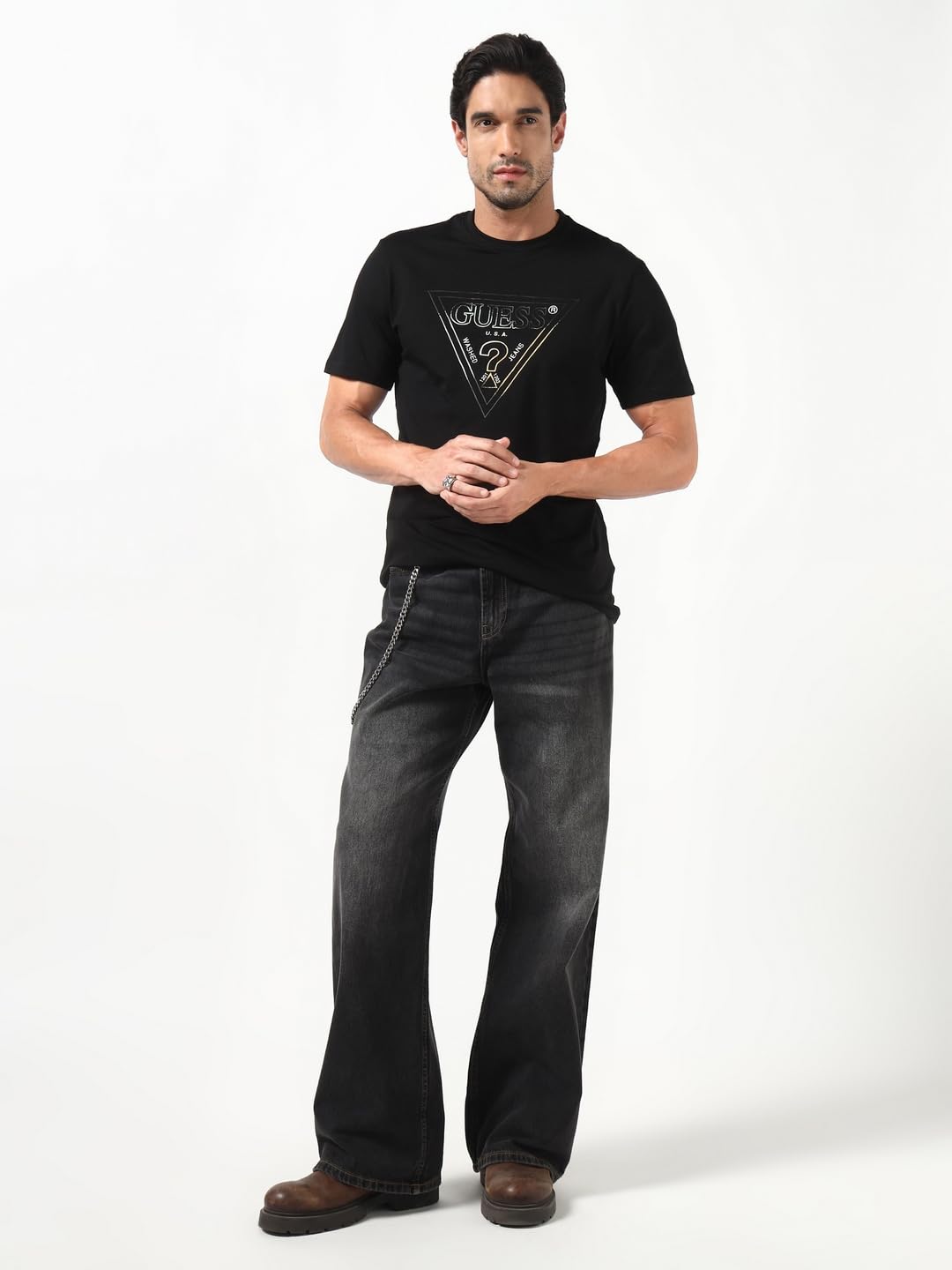 GUESS T-shirt da uomo a maniche corte con scollo rotondo stampato nero jet triangolo