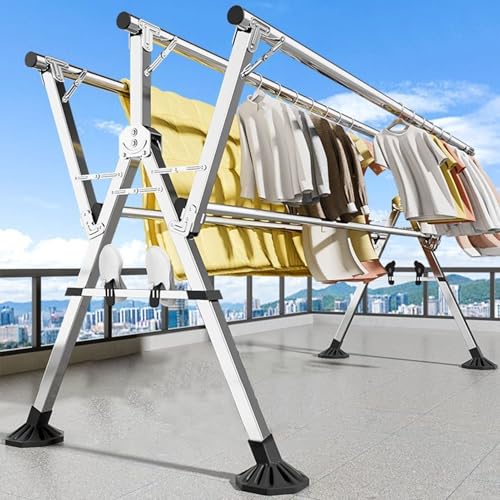 Clothes Drying Rack Foldable Drying Racks Stainless Steel 5 Poles Laundry Racks Clothes Drying Racks with Shoe Rack Space Saving Laundry Drying Rack for Indoor Outdoor with Windproof Hooks (240cm)