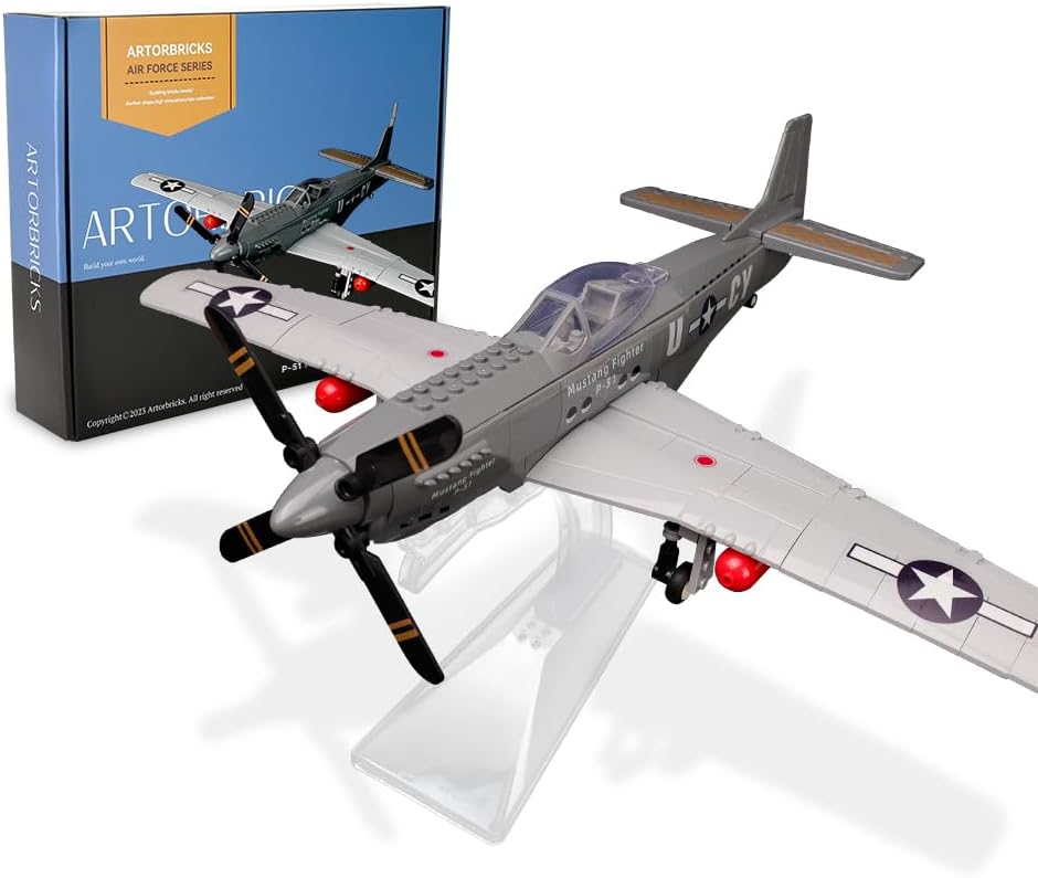 ArtorBricks P-51 Mustang Fighter Airplane Military Building Set with Display Stand - 258 Piece Model Kit for Adults, Collectors & Hobbyists