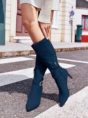 Coutgo Womens Knee High Boots Stiletto Heels Suede Pointed Toe Wide Calf Metal Buckle Side Zipper Winter Boots3