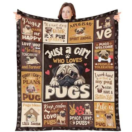 Wxiben Pug Dog Gifts for Women - Pug Dog Blanket for Pugs Lovers/Owners Girls Puppy Dogs Mom Gift Puppy Birthday Dogs Animal Throw Blanket for Home Sofa Couch Bed 60x50in