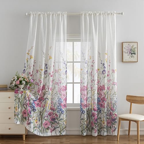 Image of SUOUO Pink Violet Wildflower Floral Semi Sheer Curtains 96 Inches 2 Panels | Linen Textured,Light Filtering,Farmhouse Cottage Decor,Rod Pocket,Window Drapes for Living Room Bedroom Dining Room