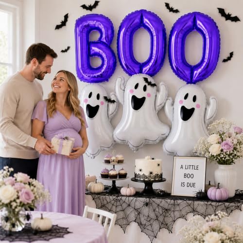 Image of Halloween Foil Balloons Purple Halloween Balloons Ghost Balloon BOO | Purple Spooky Balloon BOO Balloon Letters 3D Bat Stickers for Girl Night Cute Spooky One Birthday Baby Shower Party Decor