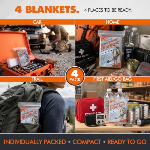 Image of Emergency Blanket Orange Mylar Thermal Space Survival Gear &Supplies 4-Pack