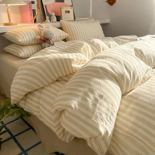 Image of Nayoroom Striped Duvet Cover Queen Cream Yellow Stripe Bedding Set