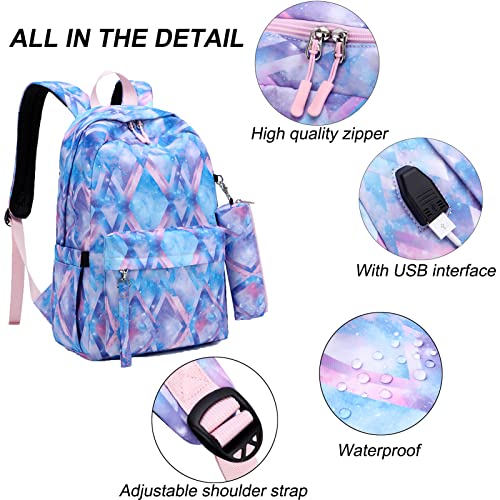 Mochila para meninas adolescentes com lancheira e estojo de caneta conjunto de 3 peças, mochila para