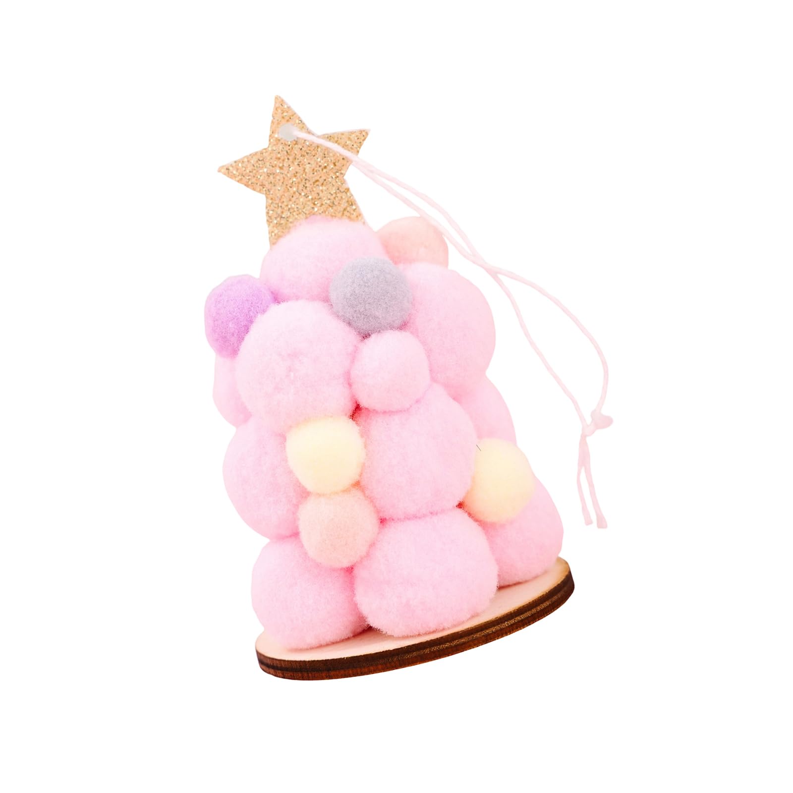 Holiday Christmas Tree Ornament, Plush Ball Decor with Wood Base and Star Accent for Seasonal Home Display Accent Plush Ball Tree Ornament Holiday Cord Wooden Base Star Top Festive Home Party Mantel