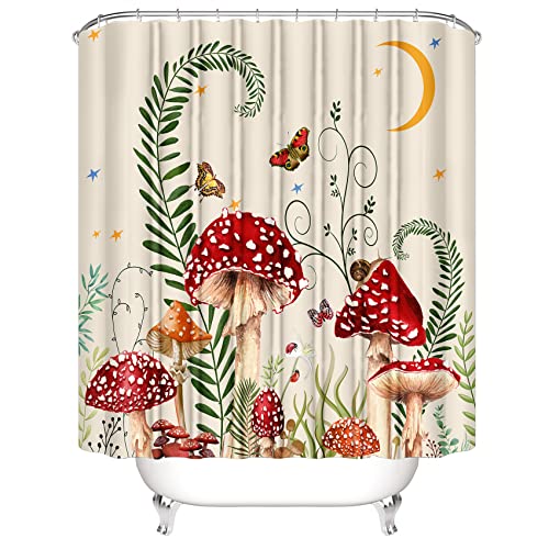 4Pcs Mushroom Butterfly Flower Shower Curtain Set With Non-Slip Rugs, Toilet Lid Cover And Bath Mat, Moon Stars Shower Curtain With 12 Hooks, Durable Waterproof Retro Bathroom Decor Set #TOP2