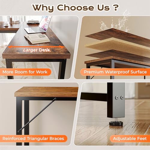 Huuger 63 Inch L Shaped Desk with 0.95 Inch Thicker Desktop, Reversible Computer Desk, Larger Corner Office Gaming Desk, Robust Metal Frame, for Home Office, Rustic Brown